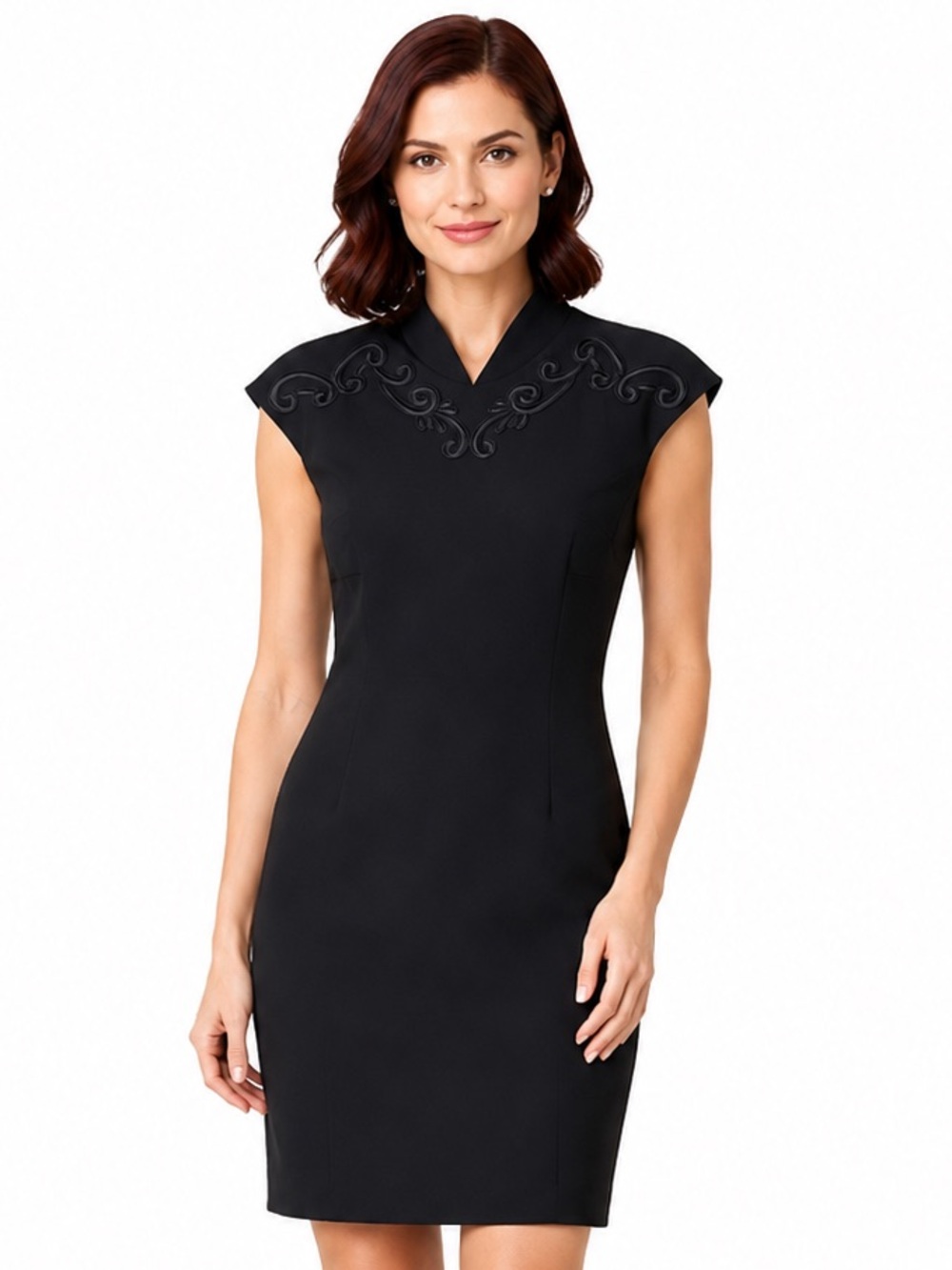 Vintage 90s Donna Morgan Petites Soutache Mandarin Sheath Dress Black 6 Petite